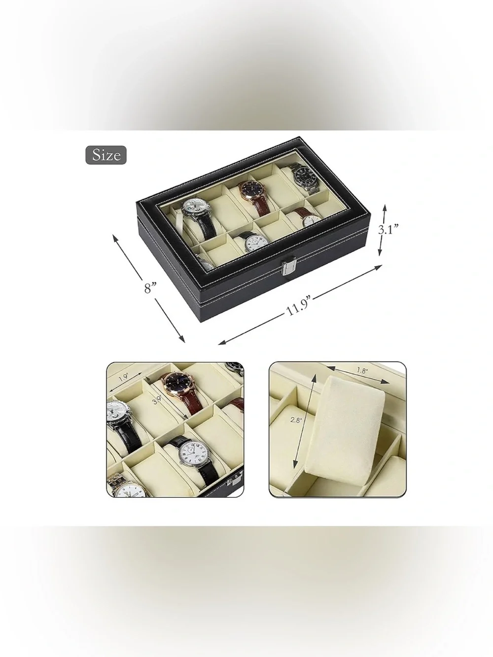 Black Leather 12 Watch / Jewelry Organizer With Clear Top & Metal Securing Latch